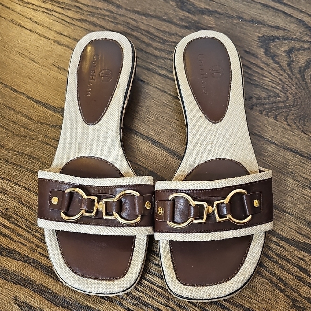 Cole Haan Brown and Gold Slide Sandals